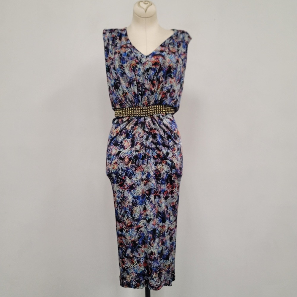 Saloni Womens Sleeveless Gemstone Midi Dress Size 2‎ US Multicolor Belted V Neck